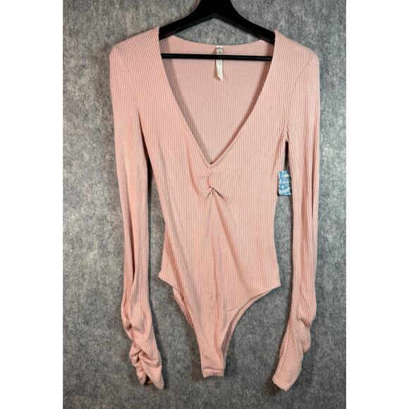 NEW Intimately Free People Ribbed Long Sleeve Pink Bodysuit - Small - Picture 1 of 10
